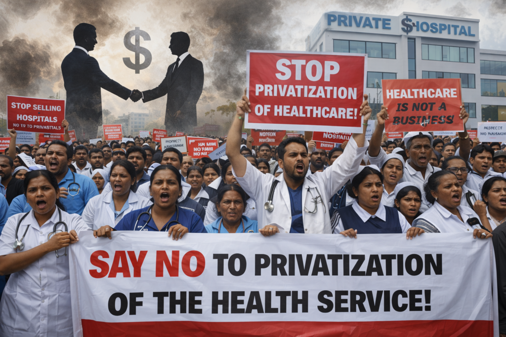 වැඩවර්ජන අස්සේ සෞඛ්‍ය සේවය කෑලි කඩා පුද්ගලීකරණයට දක්කයි!